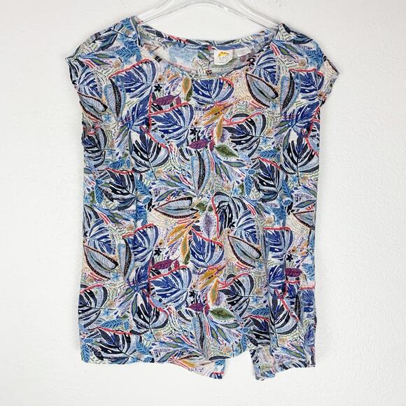 C&C California Shirt‎ Womens Large 100% Linen Button Back Cap Sleeve Tropical L - Picture 1 of 7